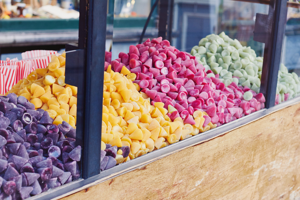 Traditional,Cone shaped,Belgian,Candy,Called,Cuberdon,In,Candy,Stand,On