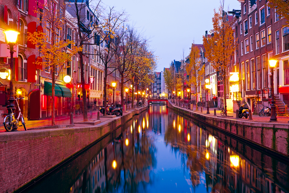 Red,Light,District,In,Amsterdam,The,Netherlands,At,Night