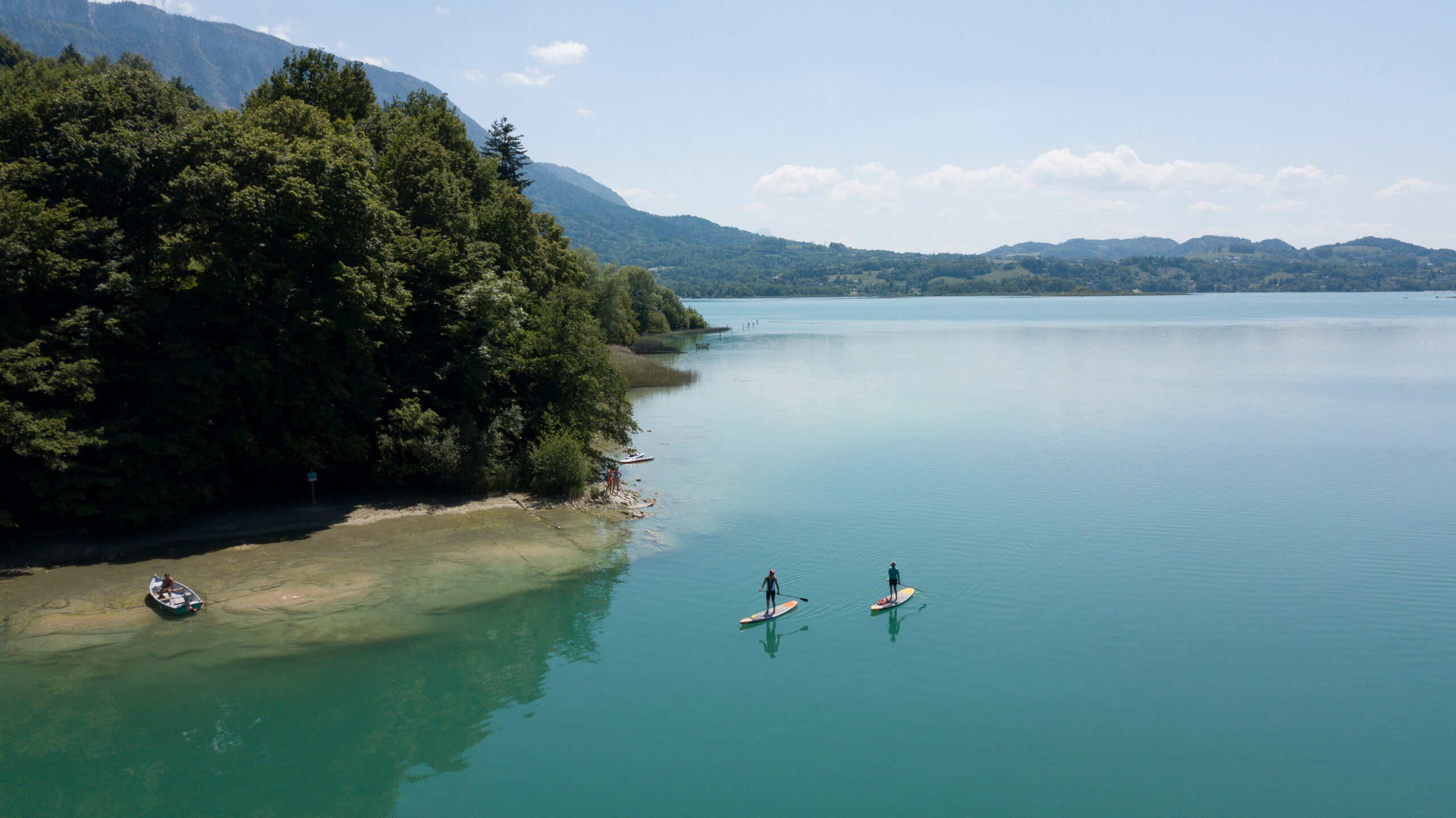 Stand,Up,Paddle,On,Lake,Aiguebelette,And,Mountains,In,Drone