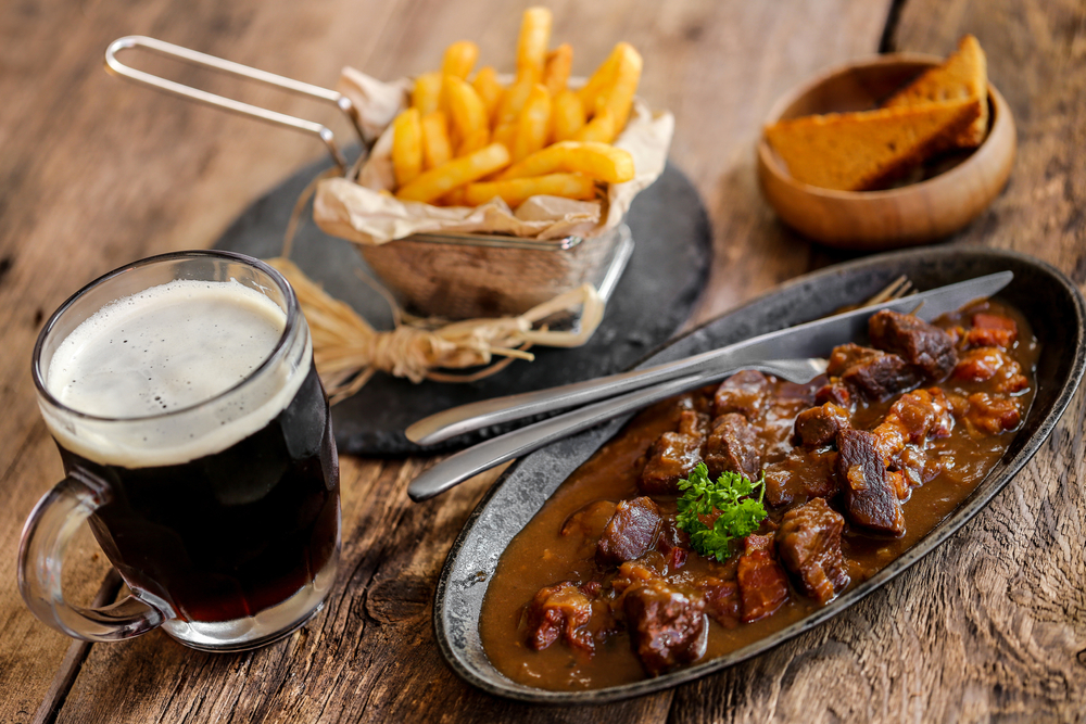 Flemish,Stew,With,French,Fries,,Gingerbread,And,Brown,Beer,On