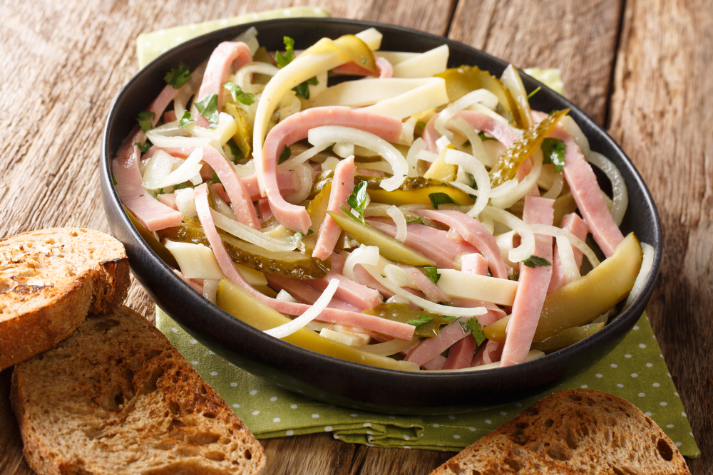 Traditional,Wurstsalat,Swiss,Sausage,Salad,Seasoned,With,Spicy,Sauce,Close up