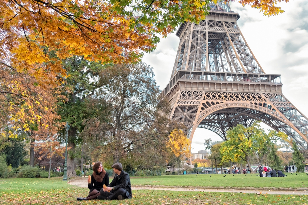 Couple,Having,Romantic,Picnic,On,Champ,De,Mars,In,View