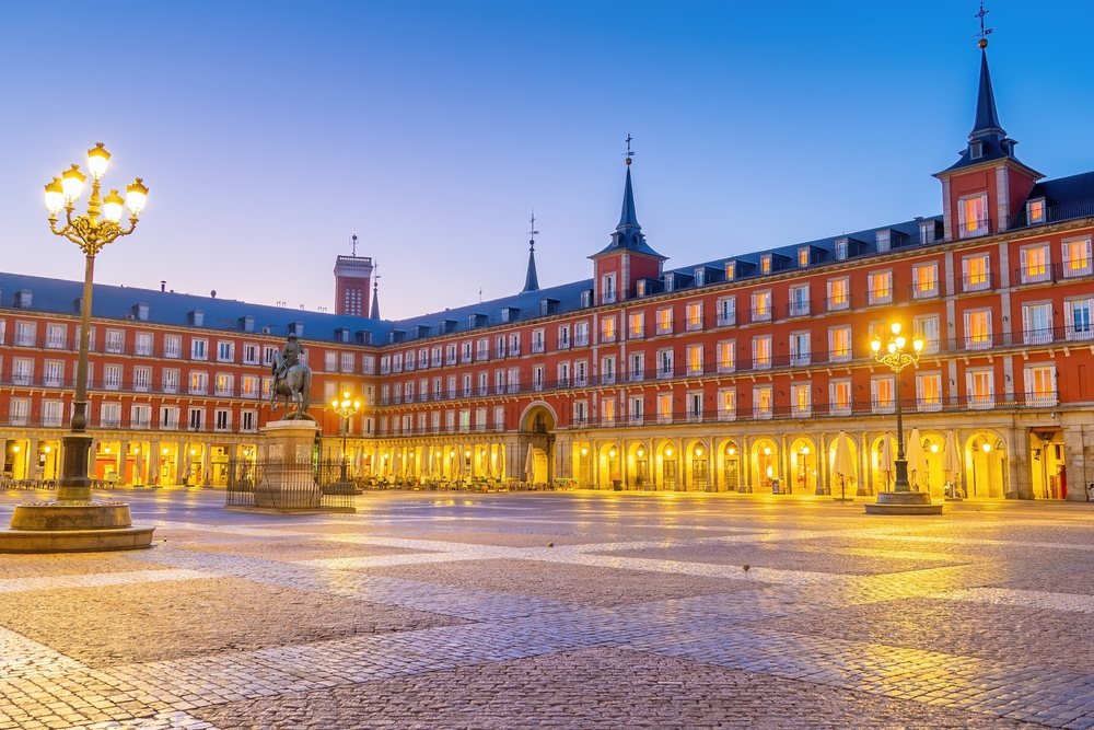 Old,Town,Madrid,,Spain's,Plaza,Mayor,In,The,Morning,Light