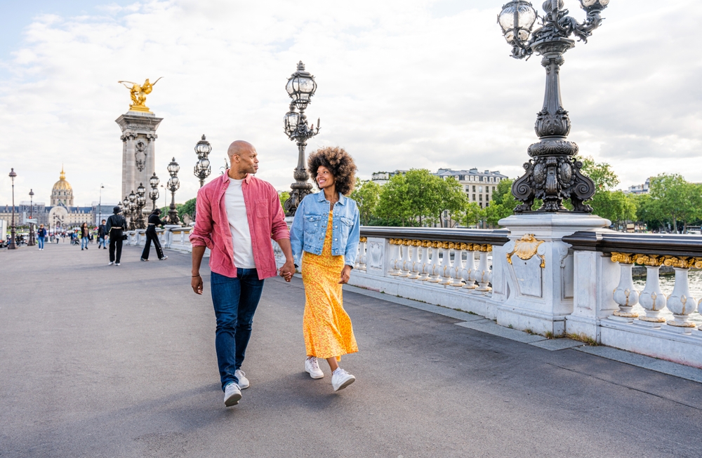 Black,Cheerful,Happy,Couple,In,Love,Visiting,Paris,City,Centre