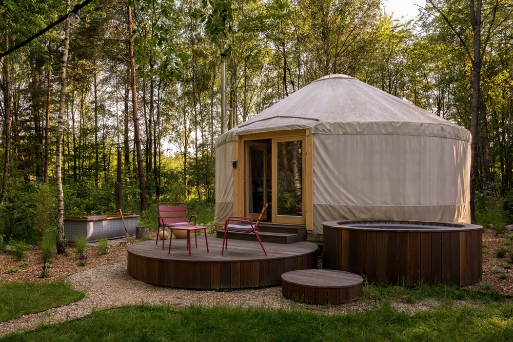 Exterior,View,Of,Stylish,Travel,Accommodation, ,Yurt,With,Wooden