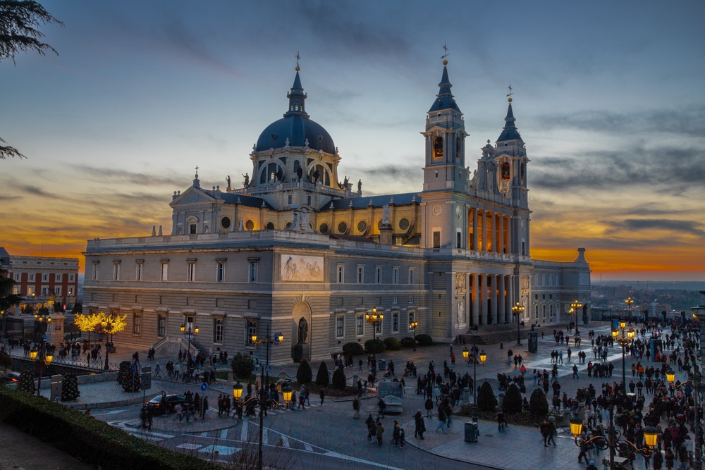 Madrid,,Spain,28 12 2023,The,Almudena,Cathedral,During,A,Colorful,Sunset,