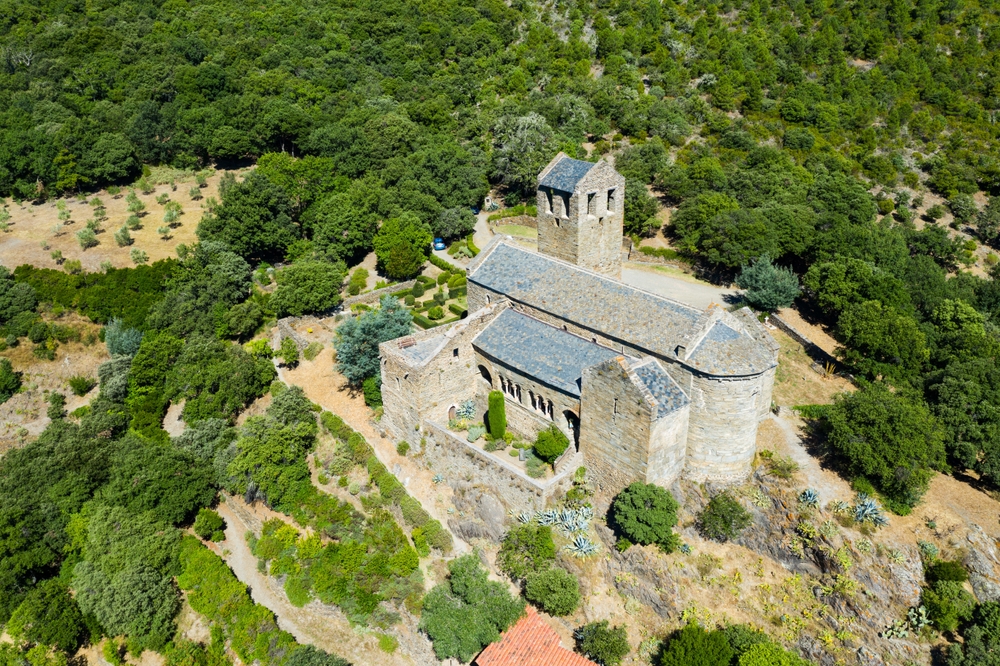 Picturesque,Aerial,View,Of,Serrabone,Priory,On,Hill,In,Green