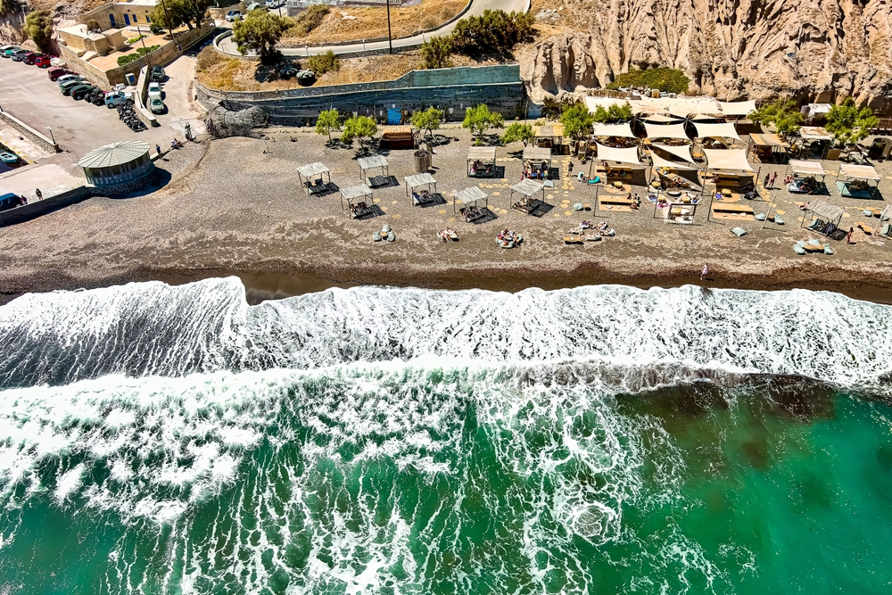 Aerial,View,Of,Exo,Gialos,Beach,At,Santorini