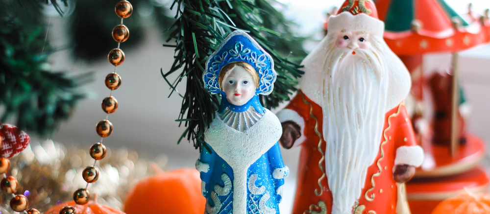 Christmas,Decorations,(russian,Santa,Claus,And,Snow,Maiden),Standing,Near