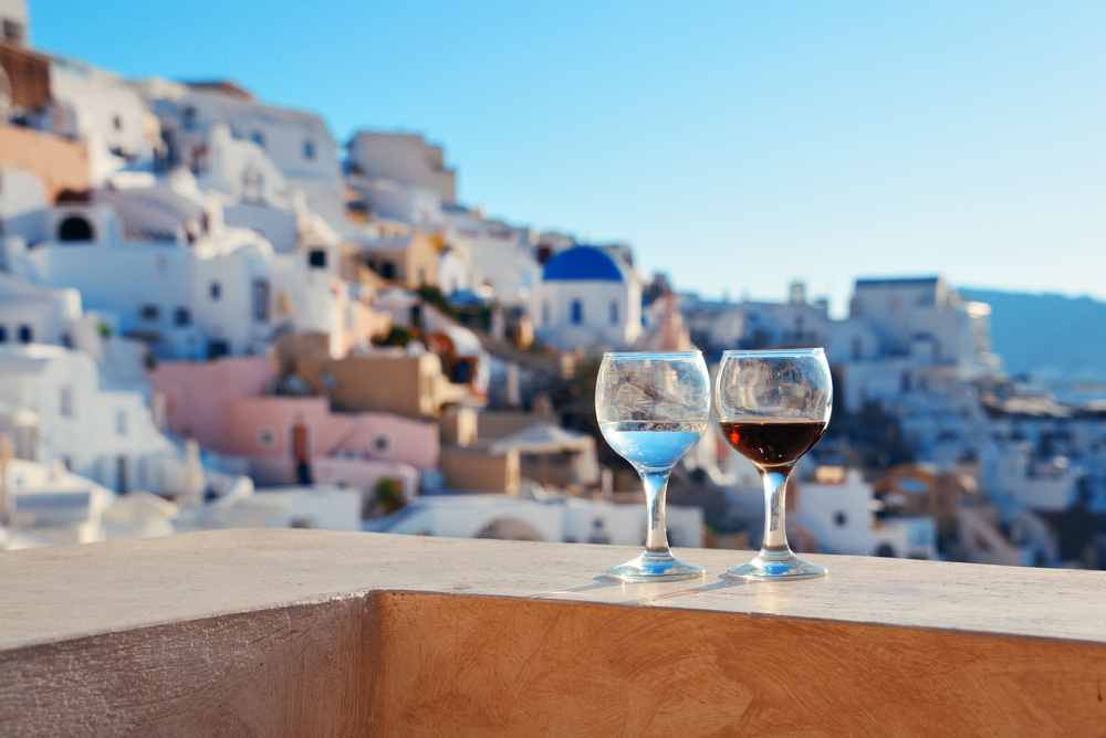 Wine,On,Rooftop,In,Santorini,,Greece.