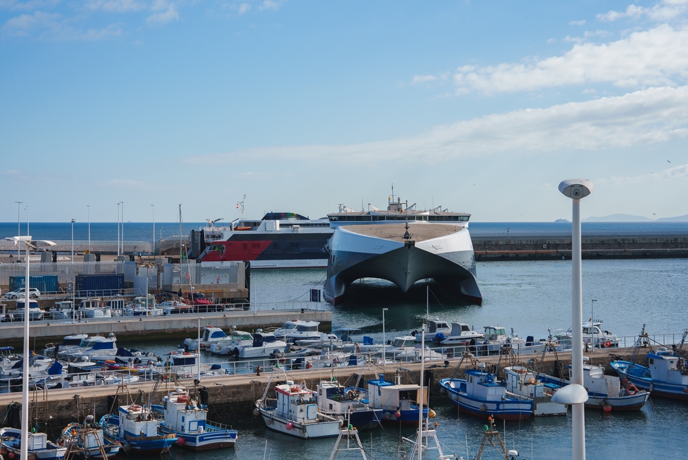A,Large,Modern,Ferry,Is,Docked,At,Tarifa,Harbor,,Spain,