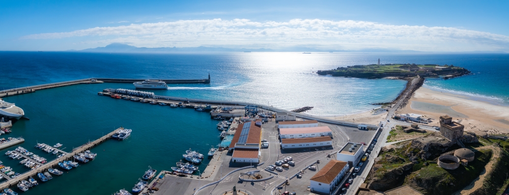 Aerial,View,Of,Tarifa,,Spain,,Featuring,A,Bustling,Harbor,With