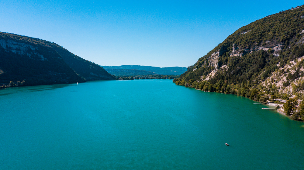 Aerial,Drone,View,Of,Lake,Nantua,In,The,Jura,Massif