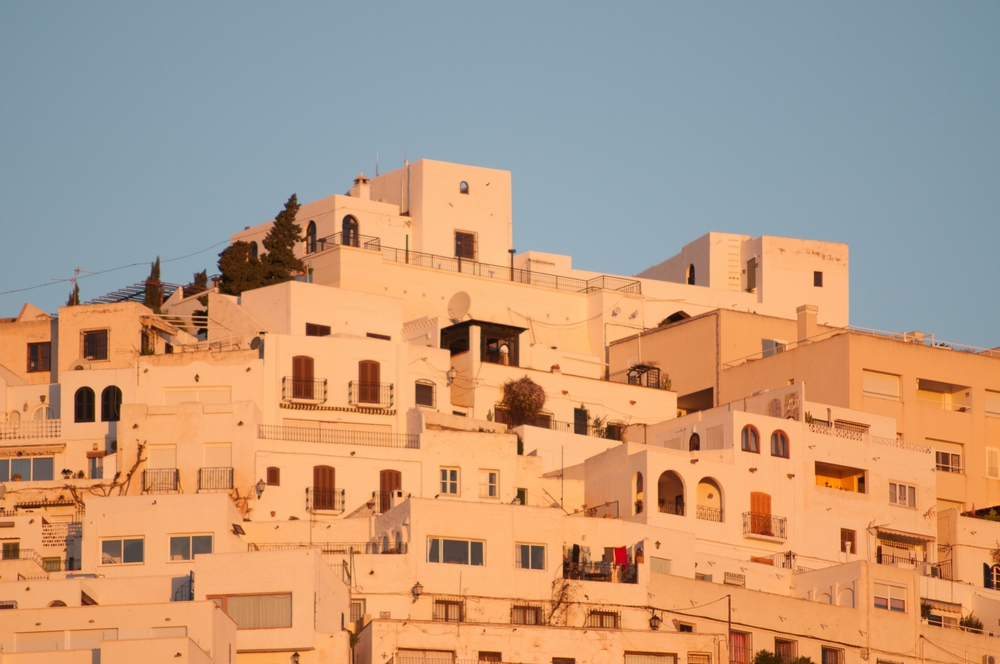 Whitewashed,Buildings,Of,Mojacar,Are,Bathed,In,Warm,Sunset,Light,