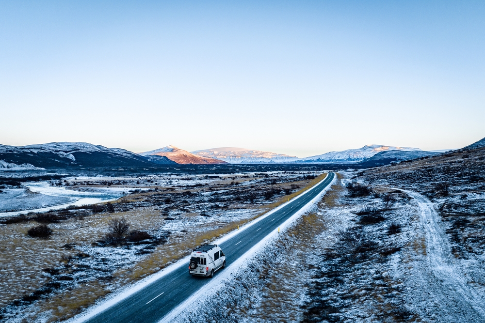 A,Camper,Van,Driving,Along,A,Frosty,Road,In,Iceland